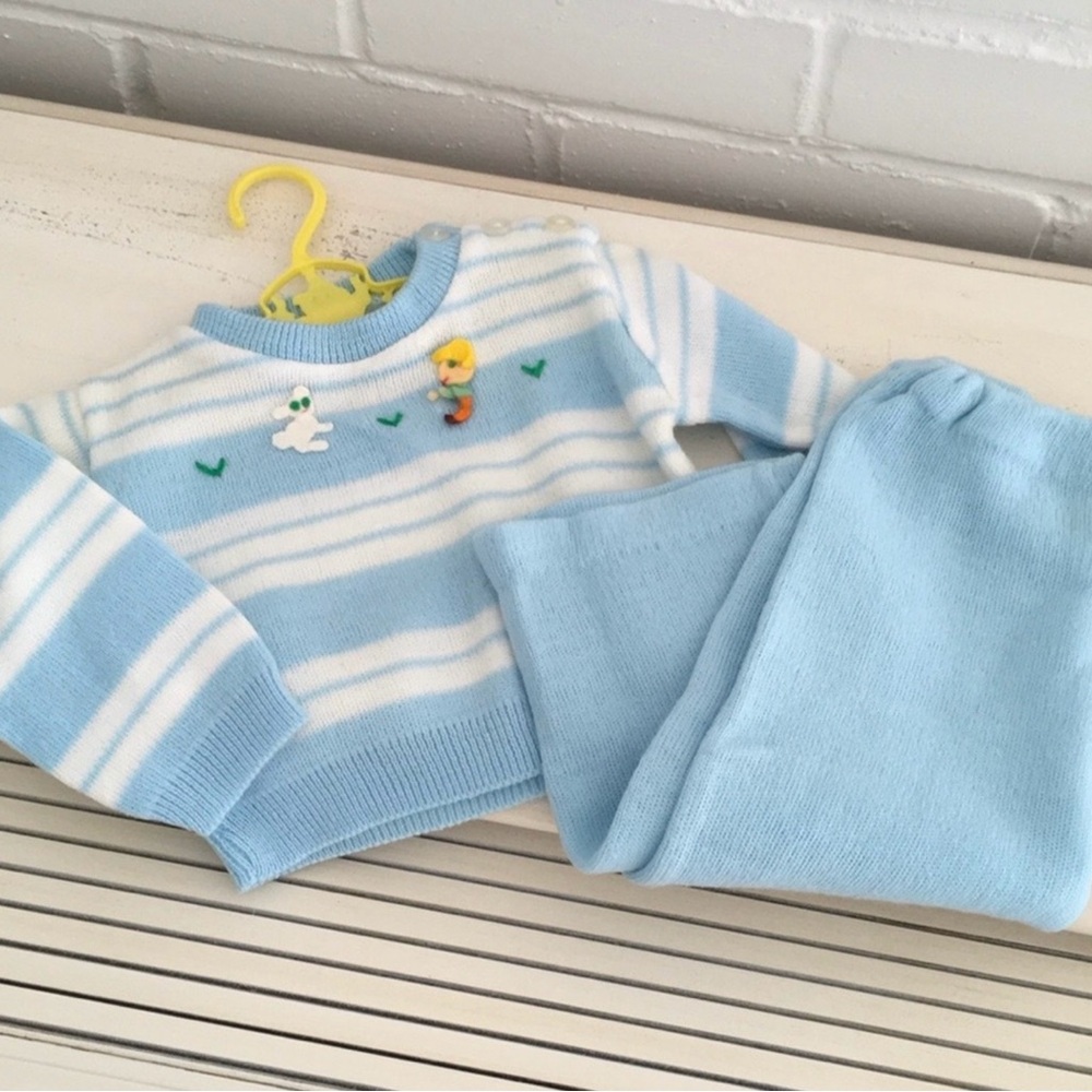 Classic Vintage Blue and White Striped Baby Boy Pant Sweater Set Size 9 Months